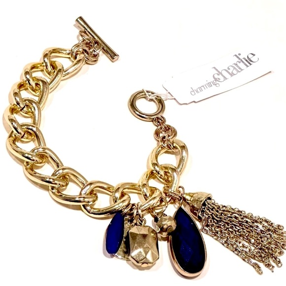 Blue Teardrop Sapphire Chunky Gold Tassel Toggle Bracelet - Picture 5 of 9